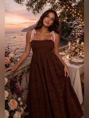 Petal + Pup Eyelet Midi Dress Brown Pink Straps NWT Size Small